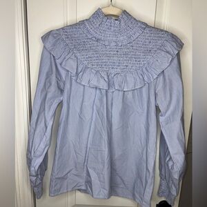 Sail to Sable Linda Ruffle Smock Long Sleeve Blouse 100% Cotton XS Blue White